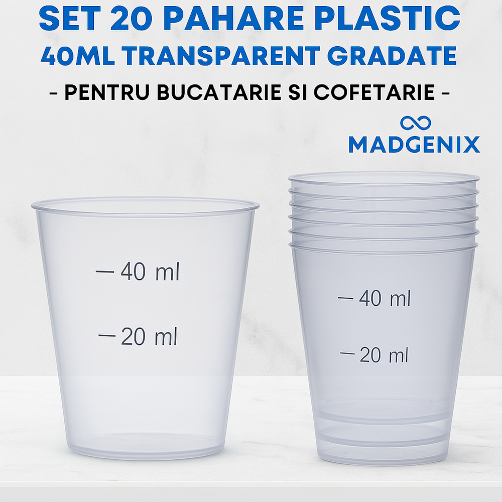 Set 20 Pahare Plastic Transparent Gradate MADGENIX 40ml Ideale pentru Bucatarie si Cofetarie - imagine 2