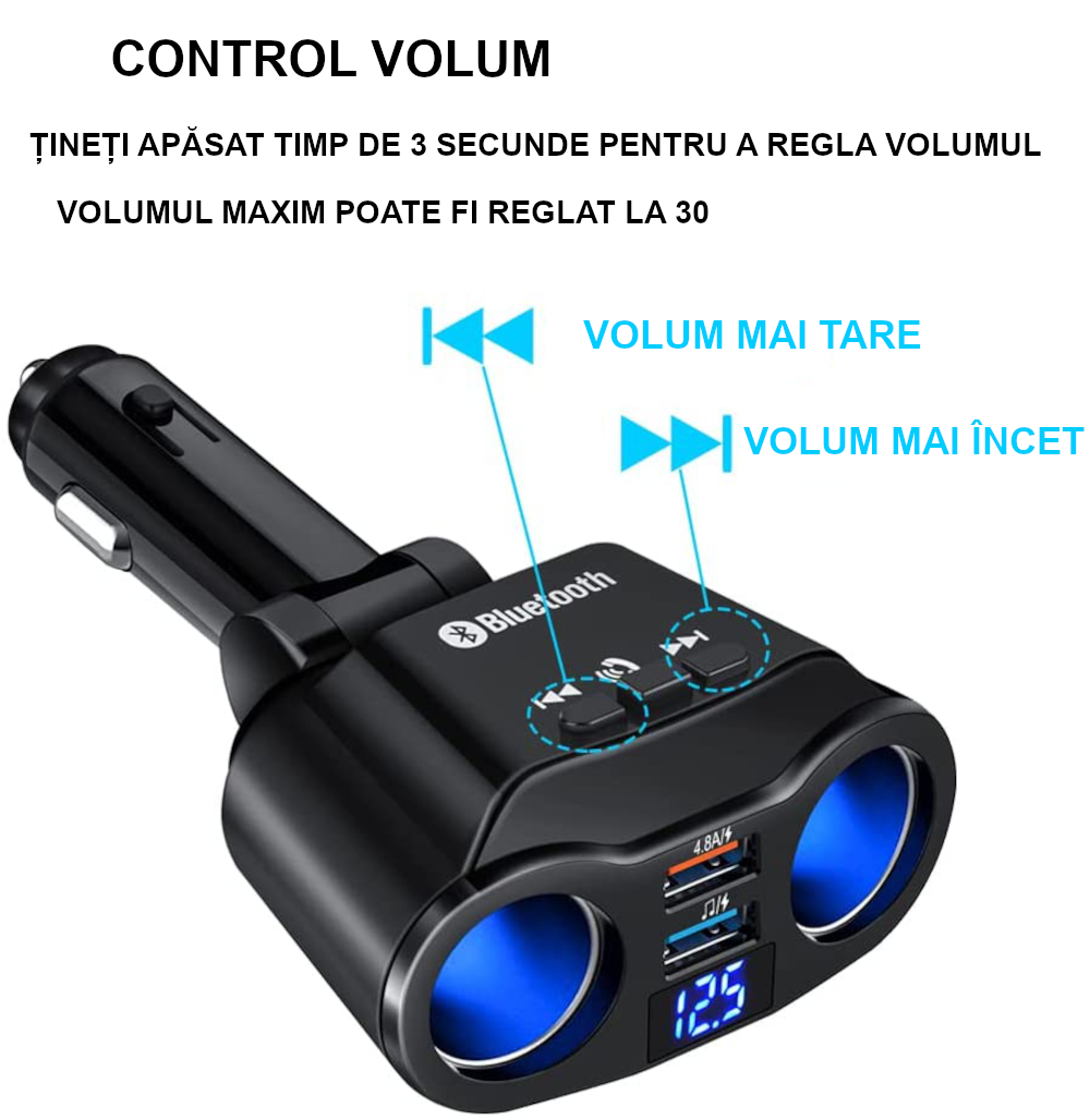 Emitator Bluetooth Auto MADGENIX 7-în-1, Incarcator Rapid USB (2 x 3.1A), Priza Dubla Bricheta, Kit Hands-Free, FM, Afisaj Tensiune, Negru - imagine 7