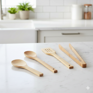 Set 4 Ustensile Gatit MADGENIX, 100% Bambus Ecologic, 2 Linguri, Spatula și Clește, cu Suport Rotund, Ideal Antiaderent