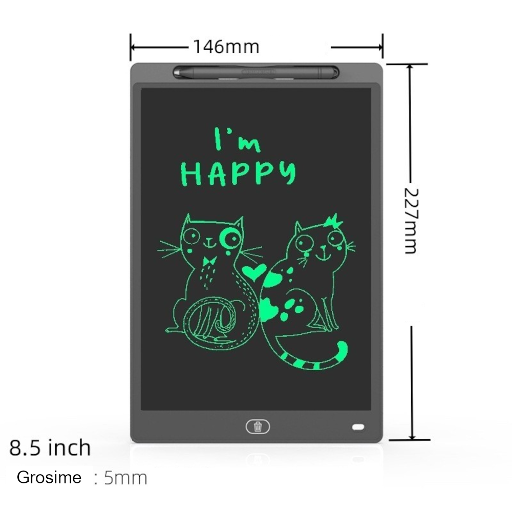Tableta LCD 8.5" pentru Scris si Desenat, Reutilizabila, Buton Stergere, Creion Inclus, Jucarie Educativa, Negru MADGENIX - imagine 5