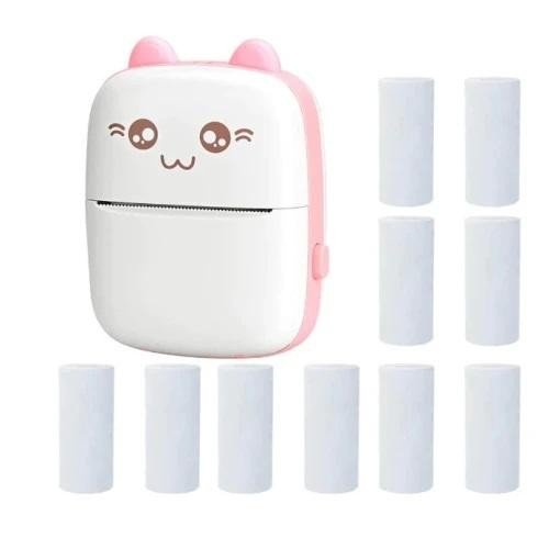 Mini imprimanta termica cu 10 role hartie termica, Bluetooth, Compatibil iOS / Android, Imprimare APP, 1200 mAh, Alb/roz