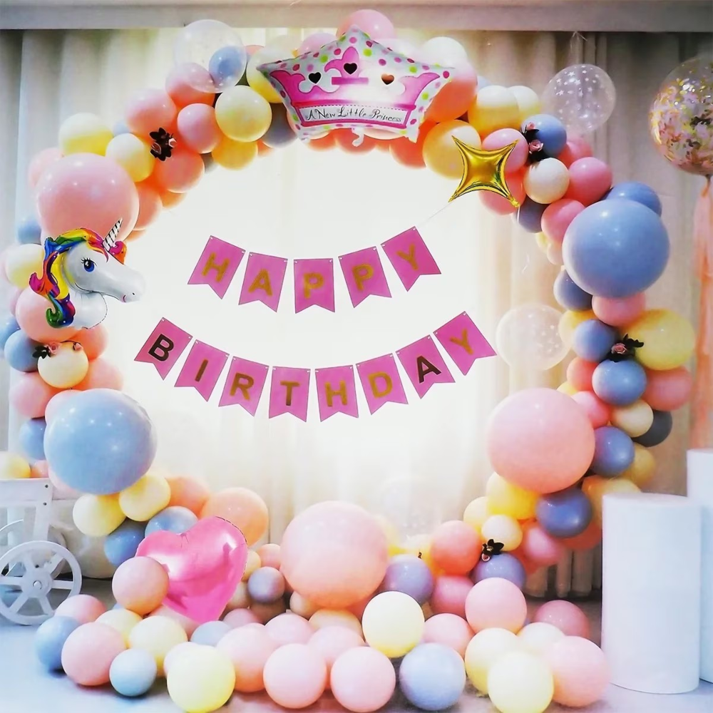 Set arcada din baloane pentru aniversari, baby shower, gender reveal, botez si diferite evenimente, figurina unicorn + panglica inscriptionata "Happy birthday" si tun de confetti - 50 cm - imagine 4
