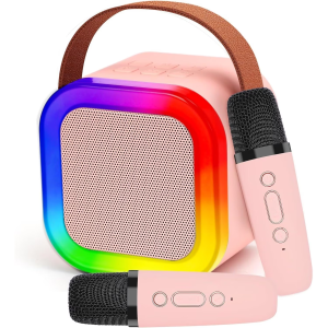 Boxa Karaoke Smart MADGENIX pentru Copii cu 2 Microfoane Wireless, Difuzor Portabil cu Lumini LED Colorate, Design Compact, Culoare Roz