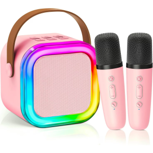 Boxa Karaoke Smart MADGENIX pentru Copii cu 2 Microfoane Wireless, Difuzor Portabil cu Lumini LED Colorate, Design Compact, Culoare Roz