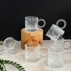 Set 6 Cesti Elegante din Sticla Cristalina MADGENIX, 110ml, Maner cu Bile si Design Texturat pentru Espresso sau Ceai