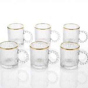 Set 6 Cesti din Sticla Borosilicata MADGENIX, Margine Aurie, 115ml, Design Texturat, Maner cu Bile pentru Espresso sau Ceai