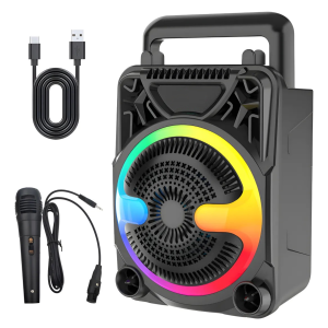 Boxa Portabila Karaoke MADGENIX, Mini Boxa Bluetooth 5.0 cu 1 Microfon Inclus, Lumini LED RGB, Functie TWS, Radio FM, Slot Card TF si USB