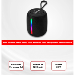 Boxa Portabila Bluetooth MADGENIX, Putere 20W, Acumulator 1200mAh, Wireless, Radio FM, Slot Card TF, USB, Reincarcabila, Negru