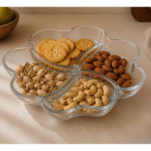 Platou din sticla in forma de floare MADGENIX, compartimentat cu 4 sectiuni, pentru aperitive, sosuri, snack-uri și deserturi, 21.5 cm