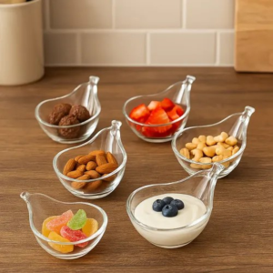 Set 6 boluri din sticla transparenta in forma de para cu maner pentru servire salata de fructe, sosuri, snacks, aperitive si dulciuri 170ml MADGENIX