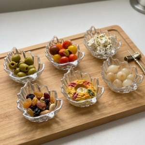 Set 6 boluri din sticla transparenta model frunza Verona pentru desert, inghetata si snacks MADGENIX