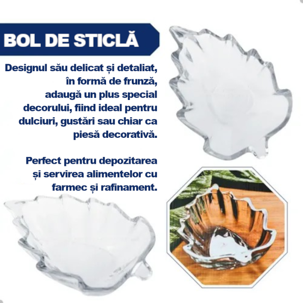 Infografic publicitar detaliat ce prezinta bolul de sticla in forma de frunza, cu text explicativ privind utilitatea sa pentru dulciuri si gustari rafinate.