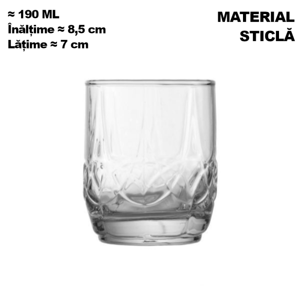 Pahar individual din sticla transparenta decorata MADGENIX de 190ml, cu specificatiile tehnice de inaltime 8.5 cm si latime 7 cm.