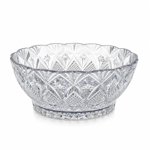 Vedere de profil a bolului din sticla transparenta MADGENIX Model Cristal Floral, plin cu salata proaspata de rosii, castraveti si branza, pe o masa luminoasa.