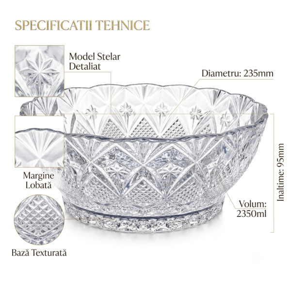 Bol mare din sticla cu model floral in relief plin cu mere, portocale si struguri, folosit ca fructiera pe un blat de bucatarie modern.