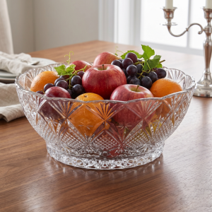 Bol din Sticla pentru Salata sau Fructe MADGENIX, Model Cristal Floral, Diametru 23.5 cm, Inaltime 9.5 cm