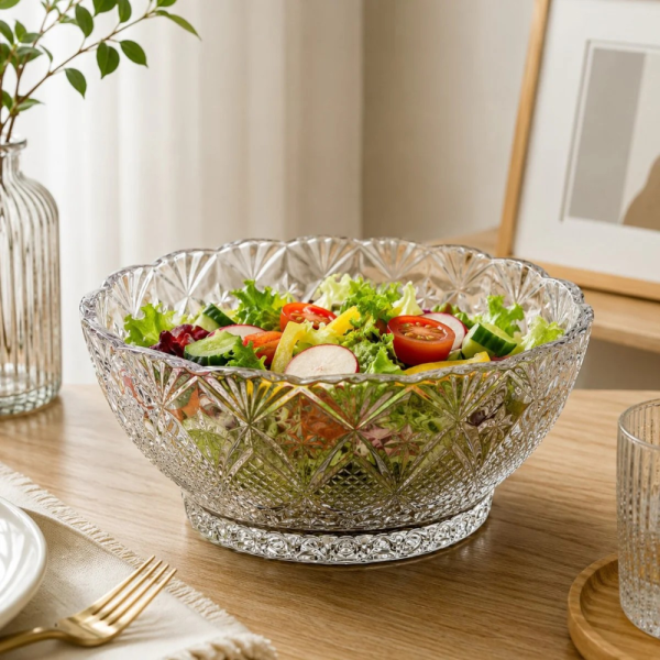 Set format din bolul mare de salata si doua boluri mai mici potrivite din aceeasi colectie Cristal Floral MADGENIX, pe un fundal estetic.