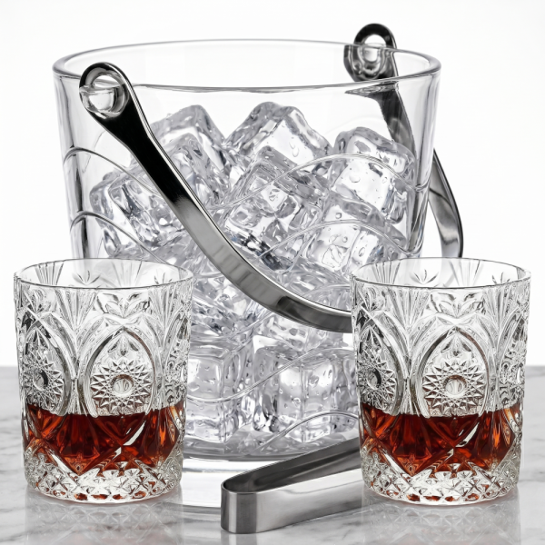Cadru elegant de bar unde o mana foloseste clestele din inox pentru a scoate un cub de gheata dintr-o frapiera MADGENIX de 800 ml, cu pahare in fundal.