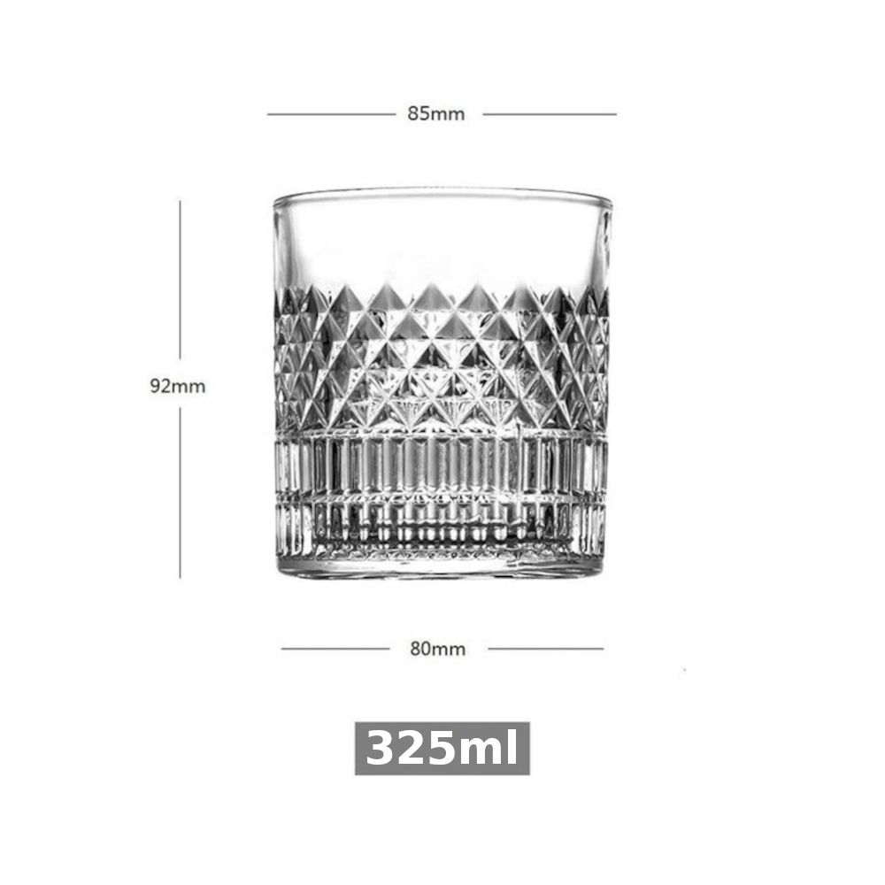 Infografic tehnic cu schita paharului din colectia Noble, indicand inaltimea exacta de 9.8 cm, diametrul gurii de 8.2 cm si capacitatea generoasa de 325ml.