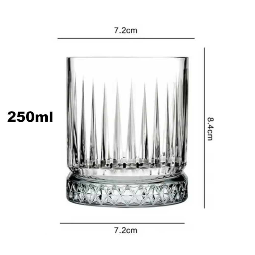 Infografic tehnic cu schita paharului cu dungi verticale indicand inaltimea de 8.4 cm, diametrul de 7.2 cm si capacitatea exacta de 250ml.