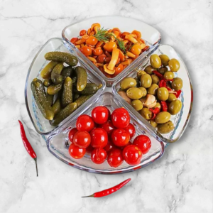 Set servire 5 piese MADGENIX Denis, platou cu 4 boluri de sticla 200 ml pentru aperitive, sosuri, gustari si snacks, vesela terasa si evenimente