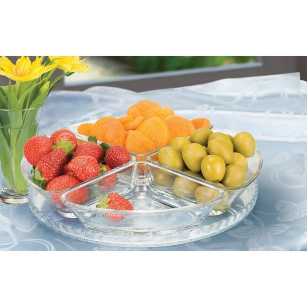 Set servire 5 piese MADGENIX Denis format din platou dreptunghiular si 4 boluri de sticla goale, izolat pe fundal alb curat.