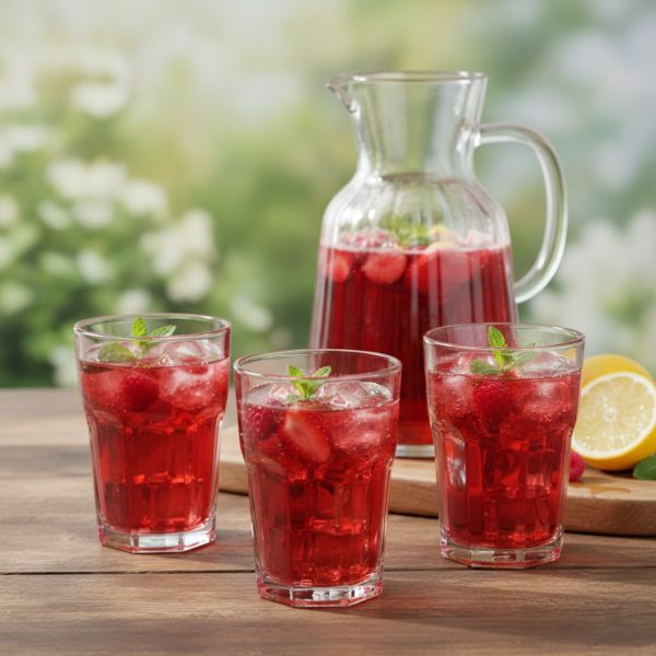 Trei pahare cu model clasic umplute cu cocktail rosu, gheata si menta, asezate langa o carafa si felii de lamaie pe o masa din lemn.