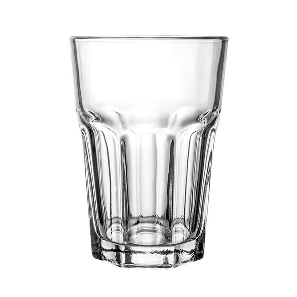 Vedere din profil a unui pahar gol de 360ml din sticla transparenta, prezentand liniile geometrice curate si finisajul premium, pe fundal alb.