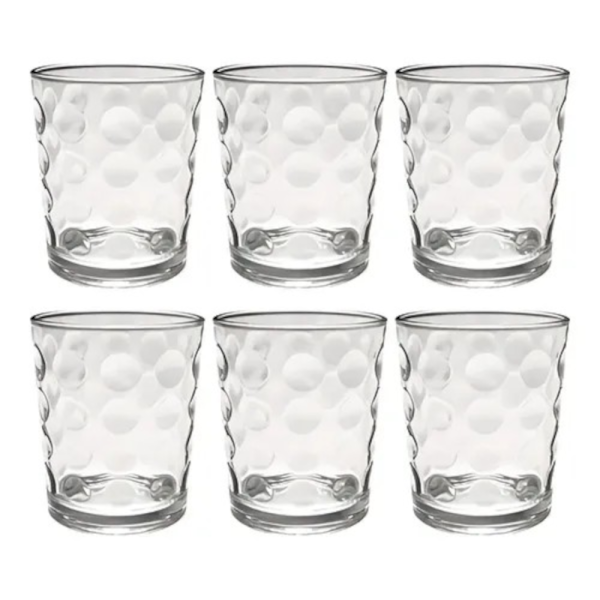 Set de sase pahare de sticla pentru apa si espresso prezentate din profil pe un fundal alb curat.
