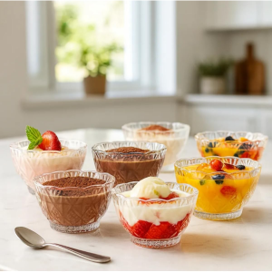 Set servire salata din sticla transparenta 7 piese, 1 bol mare cu 6 boluri mici pentru aperitive, fructe sau desert, boluri cu design model sculptat in relief