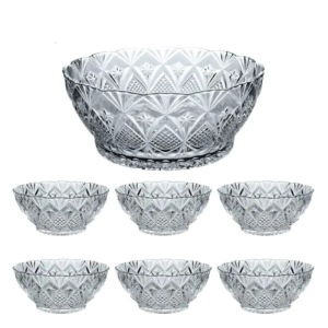 Set servire salata din sticla transparenta 7 piese, 1 bol mare cu 6 boluri mici pentru aperitive, fructe sau desert, boluri cu design model sculptat in relief