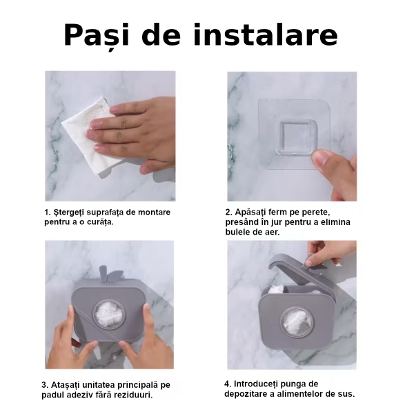 Pași de instalare suport dispenser pungi plastic portocaliu, montaj adeziv fără găurire