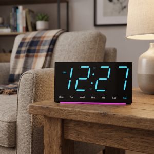 Ceas digital LED de perete si birou carcasa neagra lumina albastra afisaj ora data temperatura dubla alarma lumina veghe