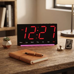 Ceas Digital LED de Perete si Birou Carcasa Neagra Lumina Rosu, Afisaj Data, Ora, Temperatura, Dubla Alarma, Lumina de Veghe, Functie Snooze, Decoratiune Casa
