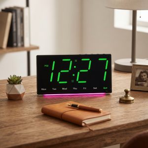 Ceas Digital LED de Perete si Birou Carcasa Neagra Lumina Verde Afisaj Data Ora Temperatura Dubla Alarma Lumina de Veghe Functie Snooze Decoratiune Casa