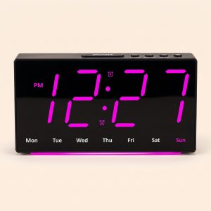 Ceas digital LED de perete si birou carcasa neagra lumina violet afisaj ora data temperatura dubla alarma lumina veghe