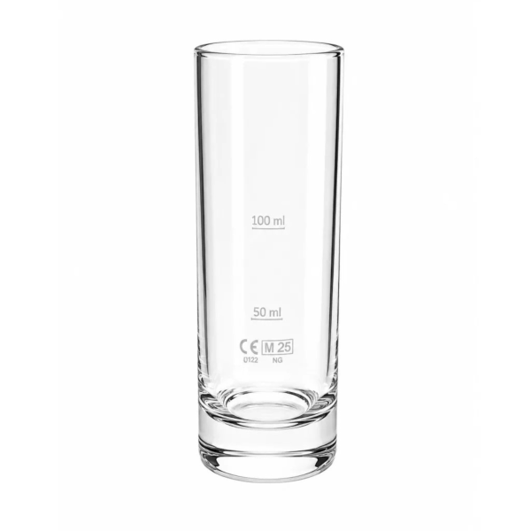 Pahar din sticla transparenta cu gradatii exterioare de 50 ml si 100 ml pe fundal alb pur.