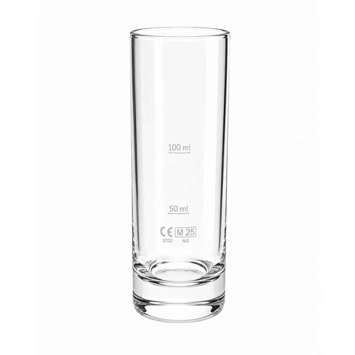 Pahar din sticla transparenta cu gradatii exterioare de 50 ml si 100 ml pe fundal alb pur.