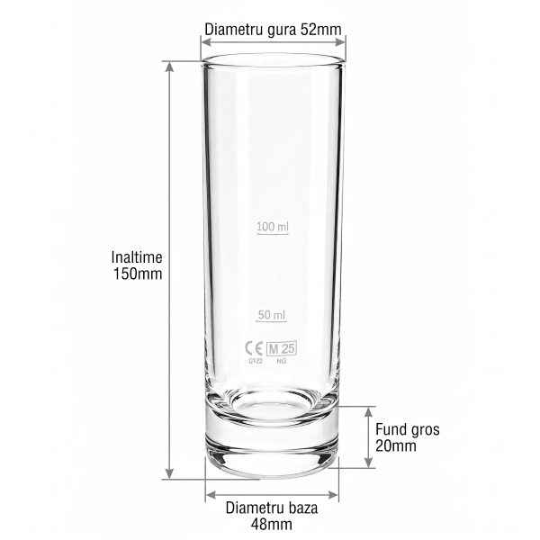 Schita tehnica cu dimensiunile paharului gradat: inaltime 150 mm, diametru 52 mm si fund gros 20 mm.
