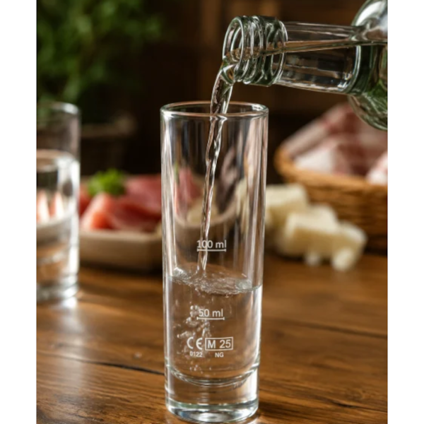 Lichid transparent turnat dintr-o sticla in paharul gradat de 100 ml pe o masa din lemn.