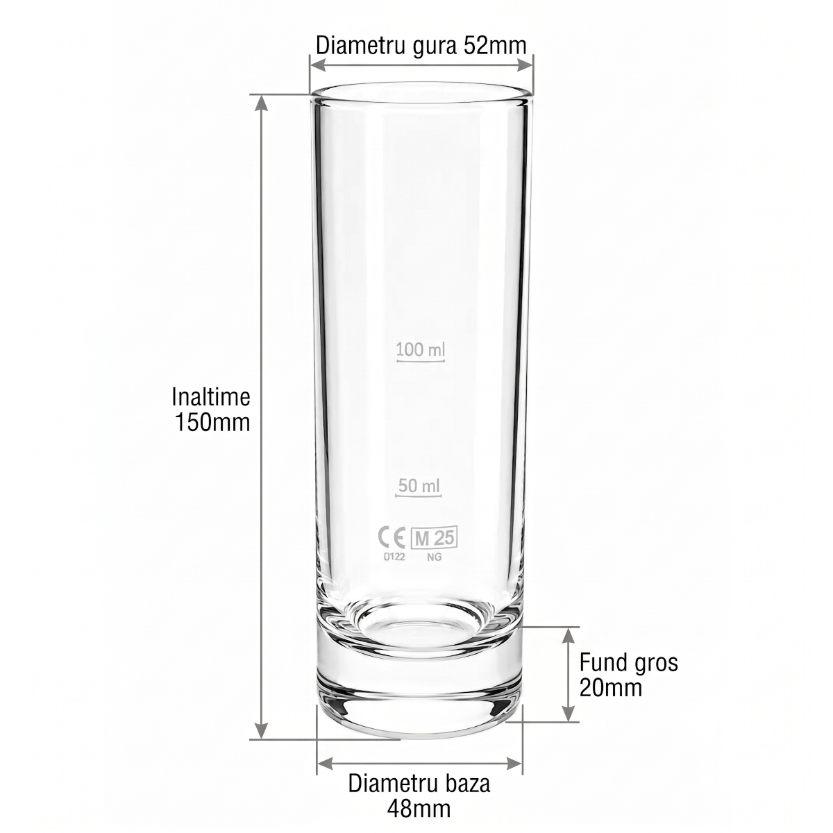 Schita tehnica cu dimensiunile paharului gradat: inaltime 150 mm, diametru 52 mm si fund gros 20 mm.