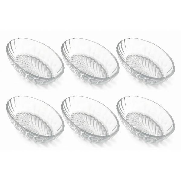 Set 6 boluri transparente din sticla model frunza Santa asezate simetric pe fundal alb.