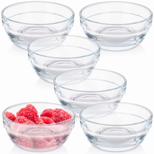Set 6 sosiere din sticla transparenta stivuibile, una dintre ele umpluta cu zmeura proaspata.