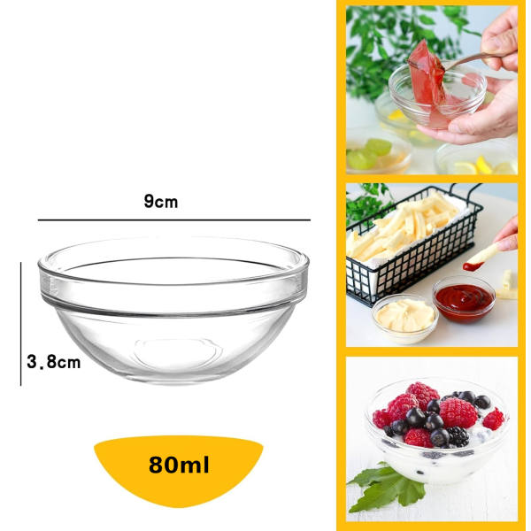 Diagrama tehnica cu dimensiunile sosierei din sticla 9 cm diametru, 3.8 cm inaltime si capacitate 80 ml.