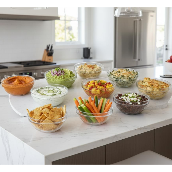 Blat alb de bucatarie decorat cu sosiere din sticla continand humus, guacamole, nachos si legume.