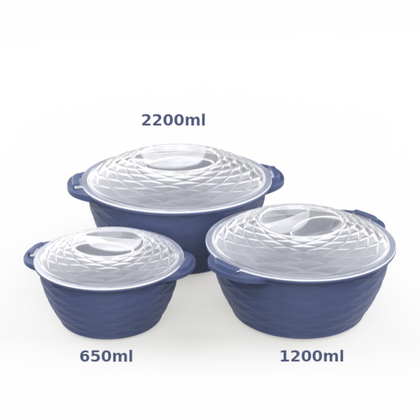 Diagramă cu capacitatile celor 3 boluri din set: 2200ml, 1200ml si 650ml.