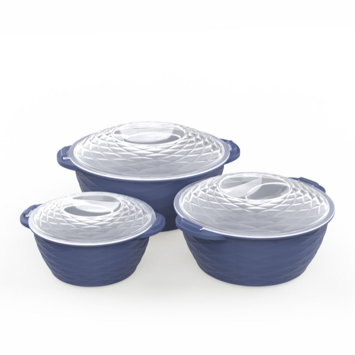 Prezentare de ansamblu a setului de 3 boluri rotunde cu capac textura cristal.