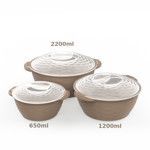 Diagramă cu capacitățile celor 3 boluri bej din set: 2200ml, 1200ml și 650ml.