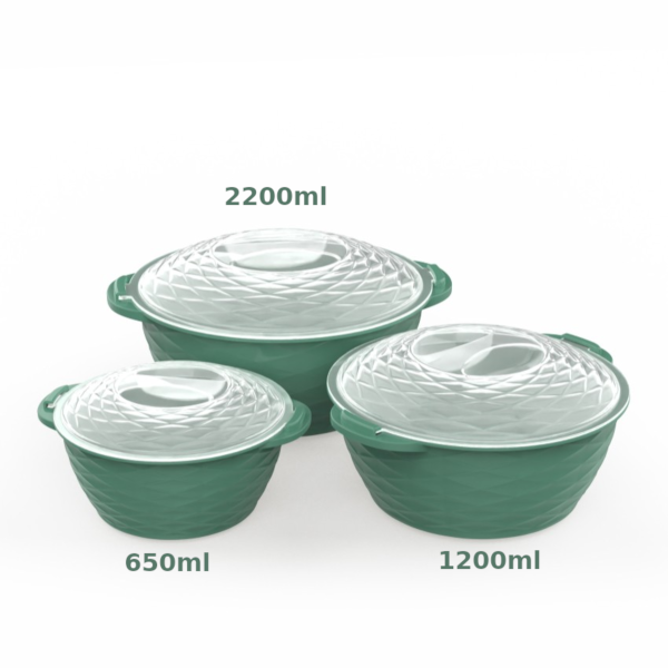 Diagramă cu capacitățile celor 3 boluri verzi din set: 2200ml, 1200ml și 650ml.