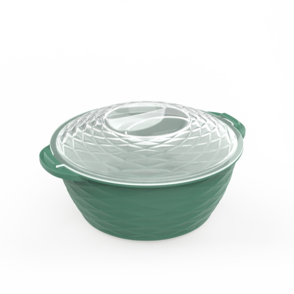 Bol rotund din plastic verde cu capac transparent convex izolat pe fundal alb.